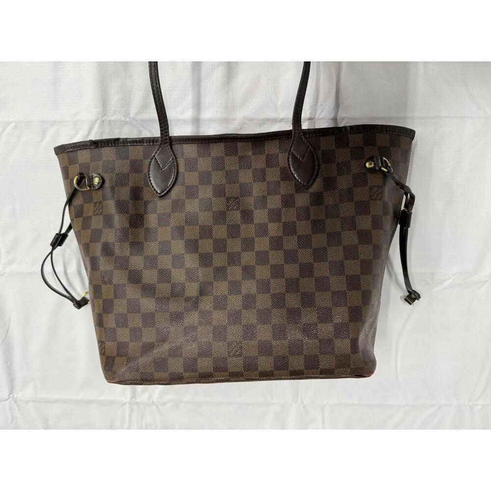 Louis Vuitton Neverfull MM Tote Bag Womens Brown Damier Ebene Red Lining Canvas - Picture 2 of 16